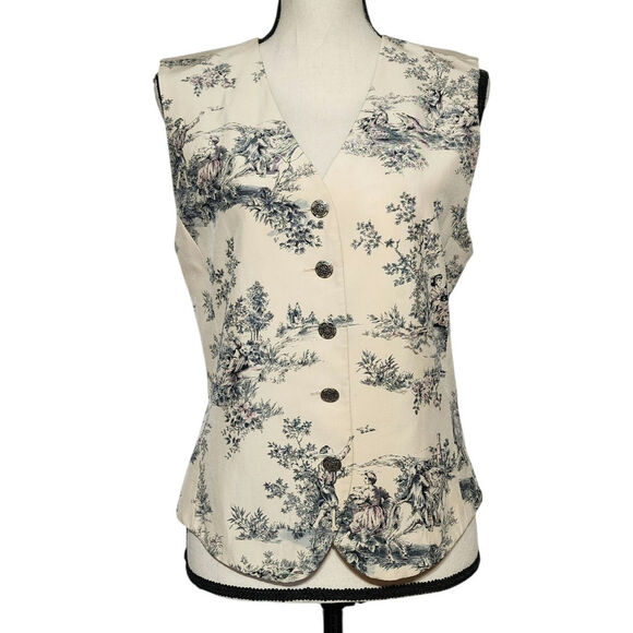 Vintage 90's Liz Claiborne Women's Silk Toile Print Vest Ornate Buttons Unique - Picture 1 of 8